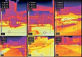 Imágenes de cámara termográfica. Medición puntual, temperatura máxima (rojo) y mínima (azul) de seis parques de la Región de Murcia.