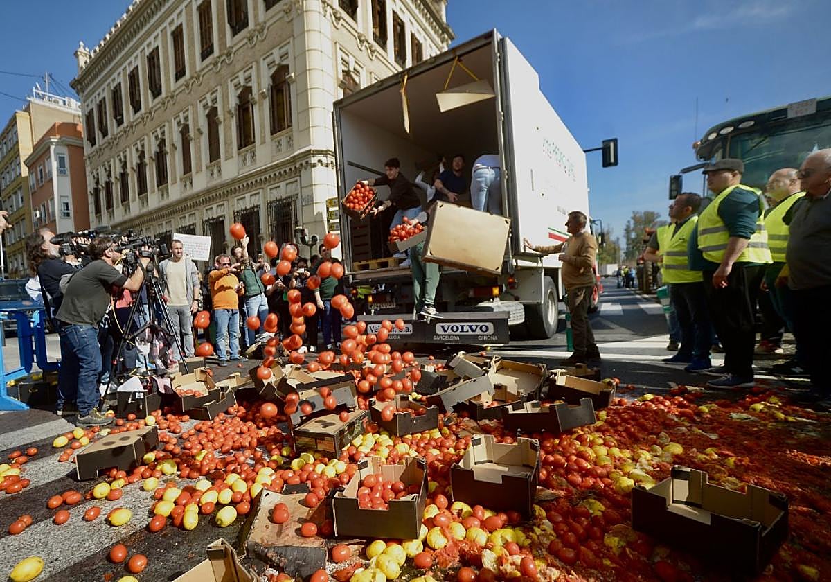 Protesta de agricultores de la Región a las puertas de la Delegación del Gobierno, a principios de 2024.