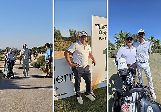 Evelio Mora (foto izquierda) de caddie de Salgado y Roque Martínez (fotos izquierda) de Vicente Blázquez; en el centro el 'pro' local Leo Llerena.