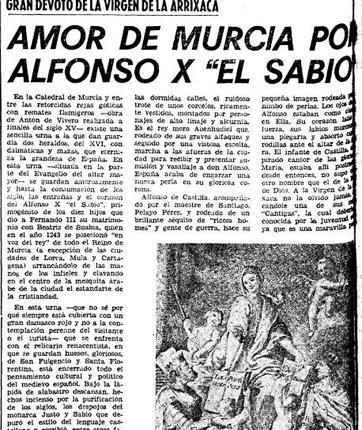 Imagen secundaria 2 - 1. En 1944. Con motivo del VII centenario de la reconquista de Murcia, LA VERDAD informó sobre la ceremonia en la Catedral. 2. 'La Hoja del Lunes', en 1971, recordaba al Rey Sabio.