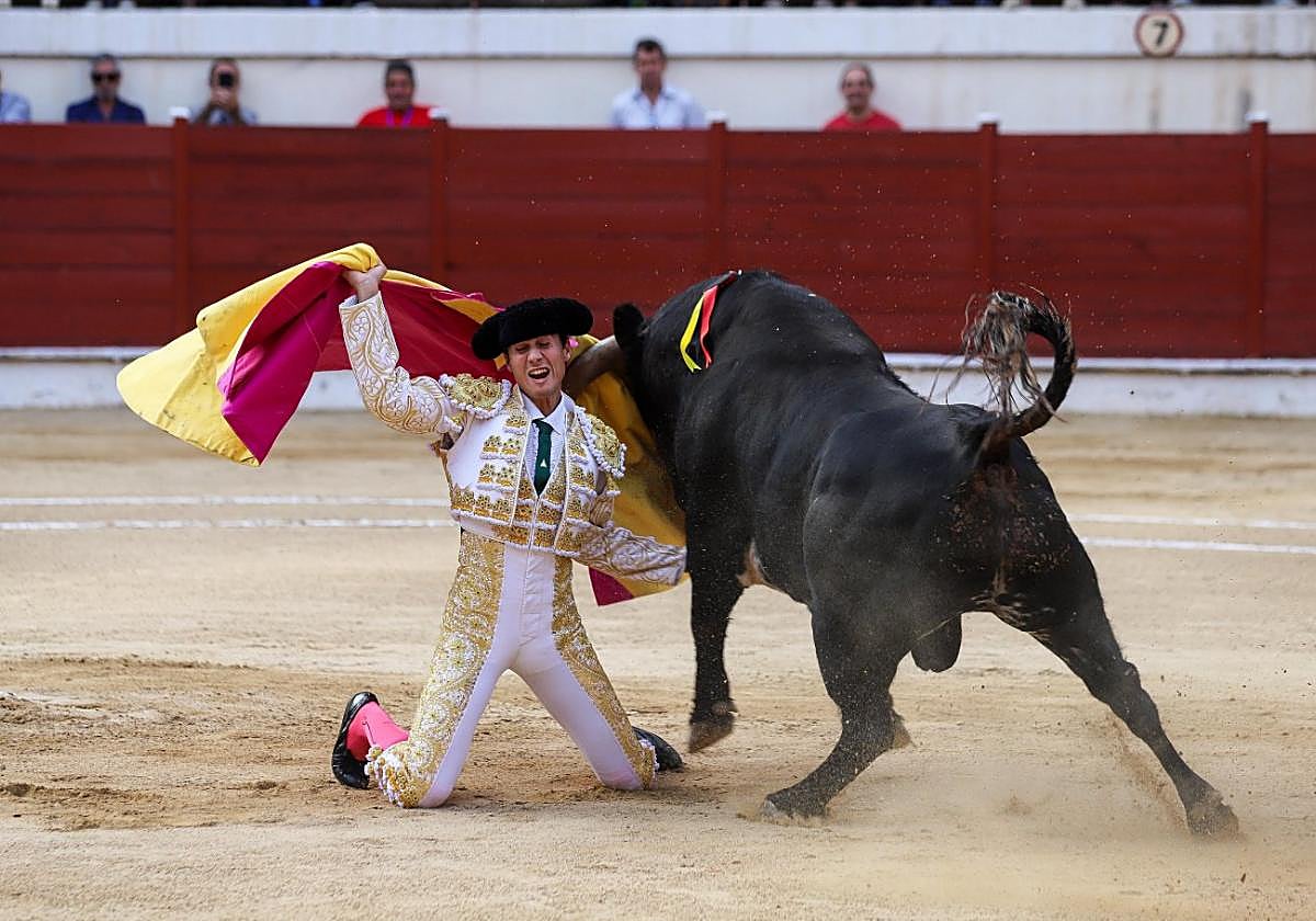 Trigueros reciben a portagayola a 'Lustroso', toro de la alternativa, cuyo pitón pasó rozando la yugular.
