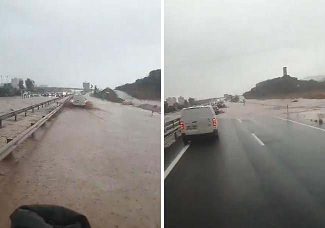 La autovía de La Manga tras la fuerte precipitación de este martes.