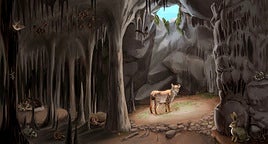 Ilustración que recrea la sima en la que caían los animales, con algunos de ellos en su interior, en el momento en el que empezó a formarse el depósito