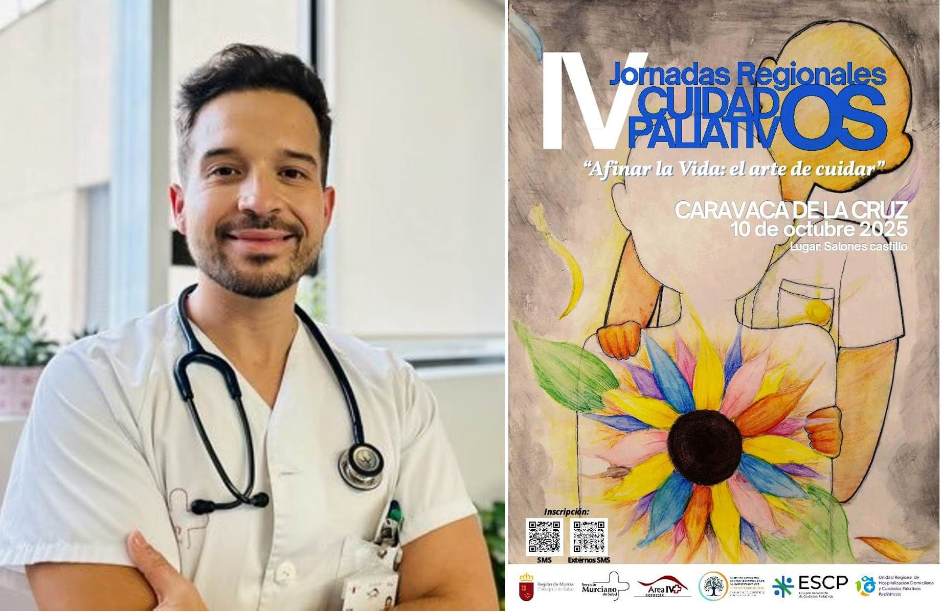 Javier Ballesta, coordinador de las IV Jornadas Regionales de Cuidades Paliativos, junto al cartel
