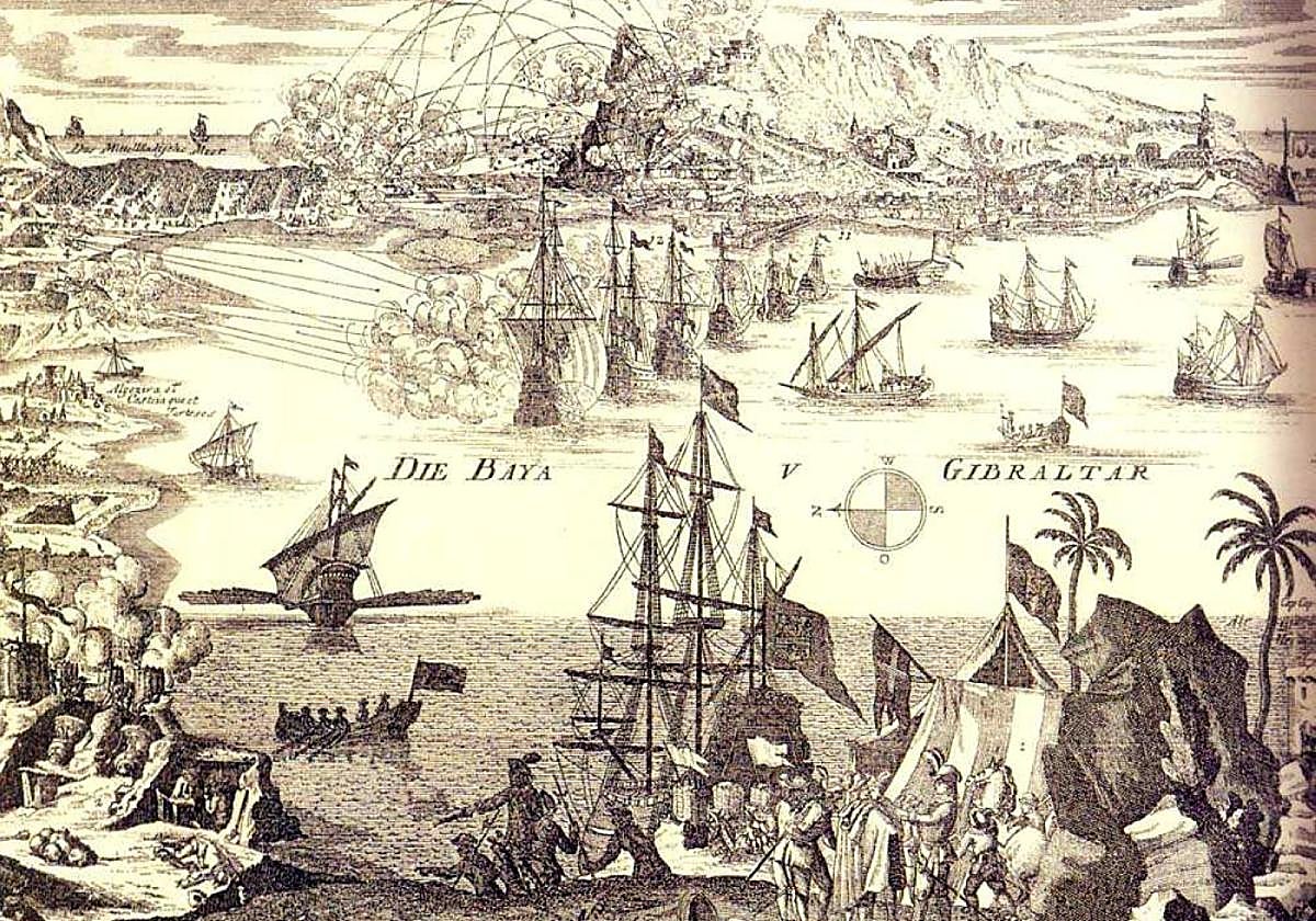 Asalto. Grabado que muestra la bahía durante las maniobras del primer asedio, en 1727.