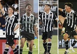 Larrea, tras el gol al Atleti B. Alcañiz, tras el segundo gol contra el Hércules. De Blasis ordena al equipo. Álex Fidalgo intenta controlar un balón.