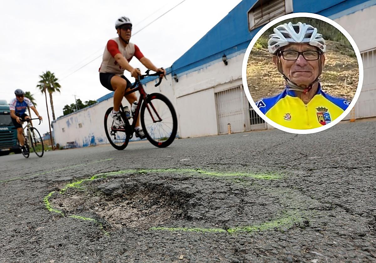 El bache, ya señalizado con pintura, causante del accidente en el que murió El Halcón; en detalle, José Luis Sarmiento.