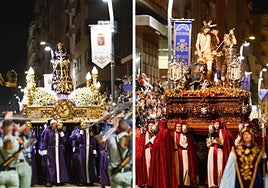Santísimo Cristo del Rescate, del Paso Blanco, en la procesión del Jueves Santo, precedido por La Legion. | Santísimo Cristo de la Coronación de Espinas, del Paso Azul, en la procesión del Jueves Santo.