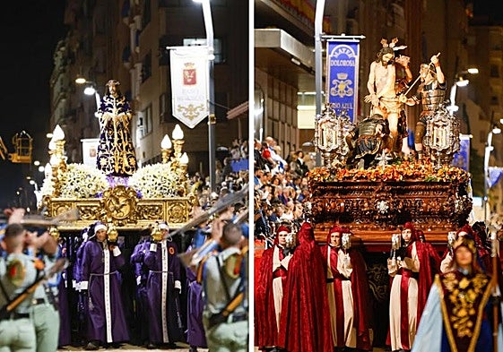 Santísimo Cristo del Rescate, del Paso Blanco, en la procesión del Jueves Santo, precedido por La Legion. | Santísimo Cristo de la Coronación de Espinas, del Paso Azul, en la procesión del Jueves Santo.