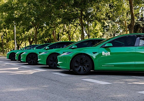 Imagen de los vehículos de Bolt, rotulados con la marca de la compañía, que ya operan en Murcia.