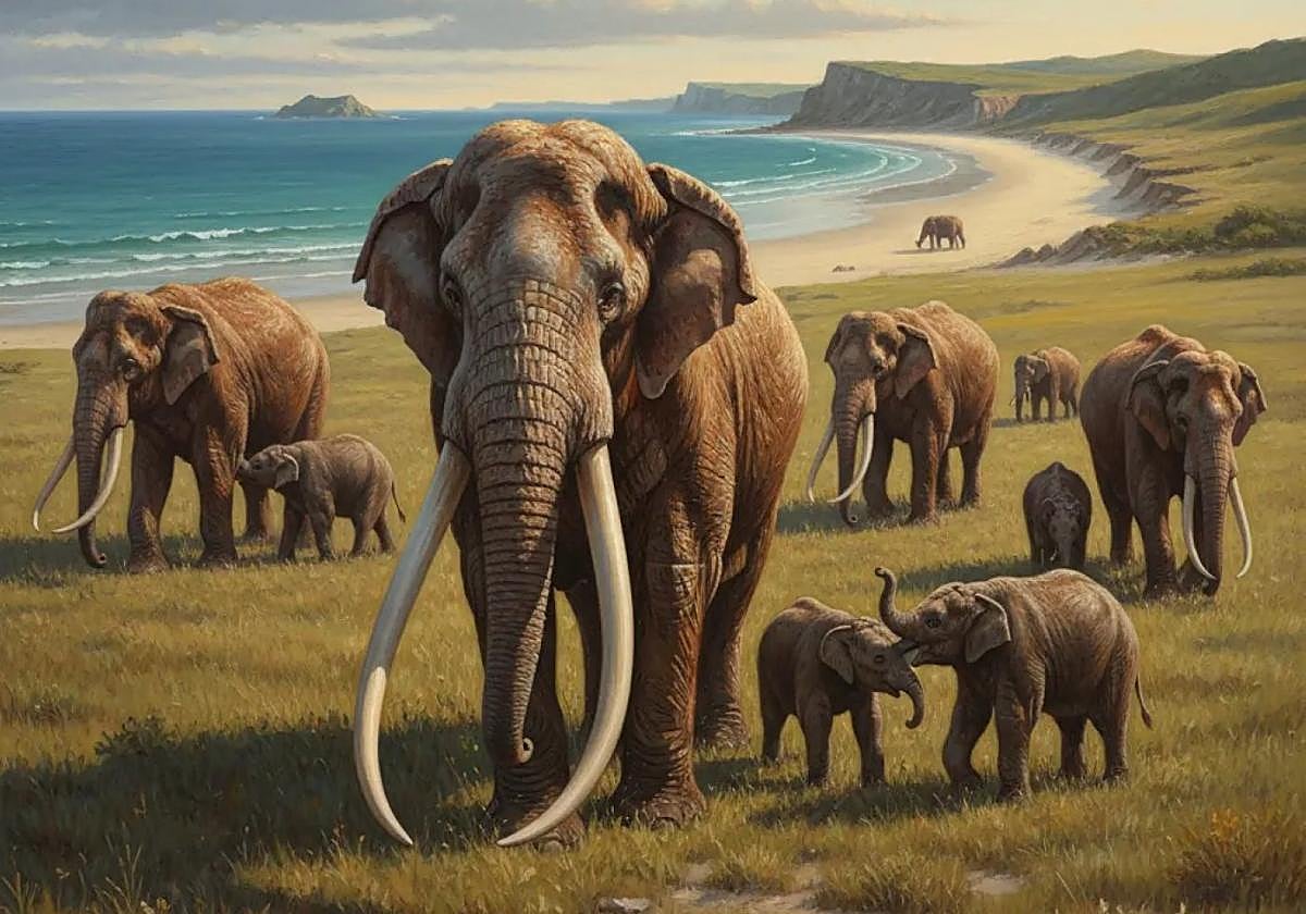 Recreación mediante IA de los elefantes de colmillo recto caminando hace 100.000 años por dunas, estampa similar a la descubierta en Cabo Cope por los investigadores.