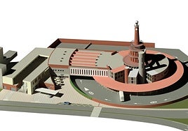 Recreación de la estación en la que se ve el nuevo acceso principal para viajeros y el vial adoquinado de entrada al parking junto la estación del FEVE.