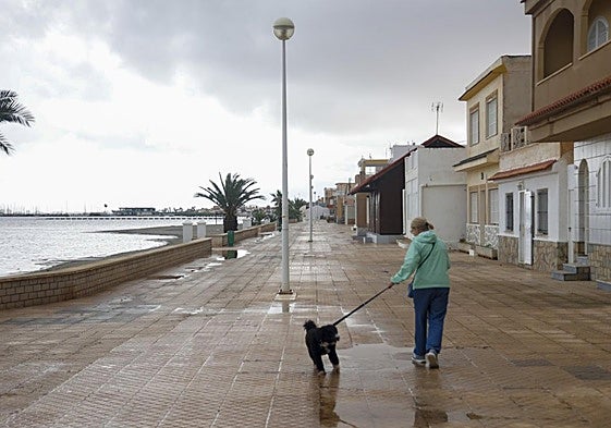 Una mujer atraviesa junto a su perro el paseo marítimo de Los Nietos, cerca de una hilera de viviendas.