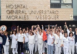 Técnicos santiraios protestan en el Morales Meseguer de Murcia este jueves.