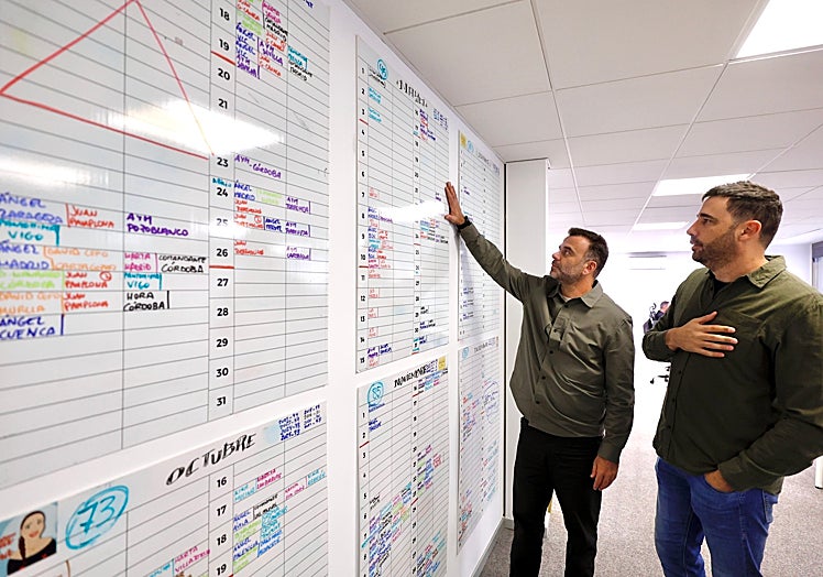 Abilio Vilar y Fran López Ochando, maestros jumillanos dedicados hoy por entero a la producción de espectáculos de humor, en la sede de Ninona Producciones en Murcia, con todos los días en que tienen shows programados.