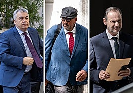Santos Cerdán, Koldo García y Jose Luis Ábalos, en sus visitas al Tribunal Supremo para declarar.