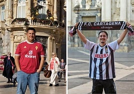 De grana junto al Ayuntamiento. José Antonio Meroño, fotografiado en el centro de Cartagena. | Pasión albinegra junto a la Catedral. Pedro Conesa, en la plaza Cardenal Belluga de Murcia.