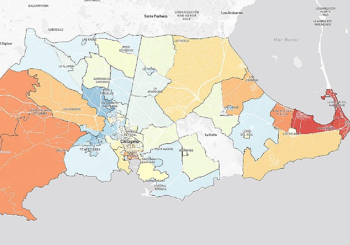 Distribución por barrios del porcentaje de personas que viven solas.