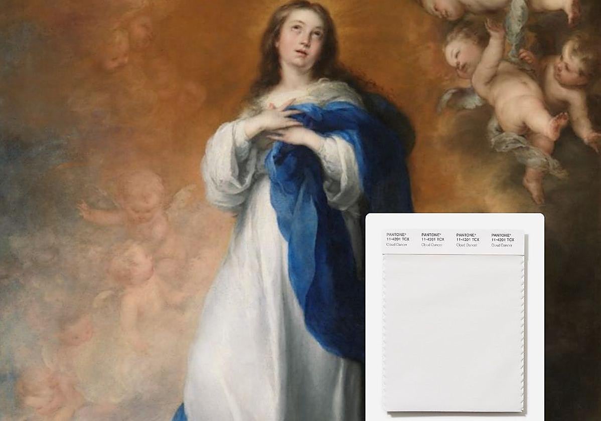 Muestra del Pantone 11-4201 TCX Cloud Dancer sobre la Inmaculada Concepción de los Venerables, Murillo (1660 1665).