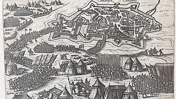 Grabado del siglo XVI, obra de Frans Hogenberg , sobre el asedio y toma de la ciudad francesa de Cambrai por tropas españolas en octubre de 1595.