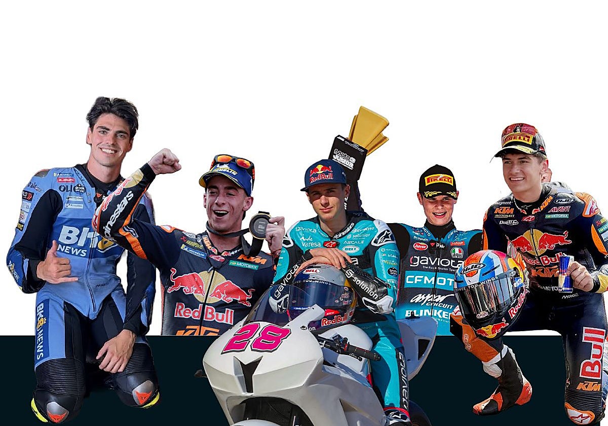 Fermín Aldeguer, Pedro Acosta, Máximo Quiles, Carlos Cano y Álvaro Carpe, los cinco pilotos que estarán en el Mundial en 2027.