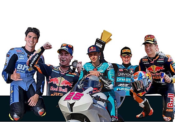 Fermín Aldeguer, Pedro Acosta, Máximo Quiles, Carlos Cano y Álvaro Carpe, los cinco pilotos que estarán en el Mundial en 2027.