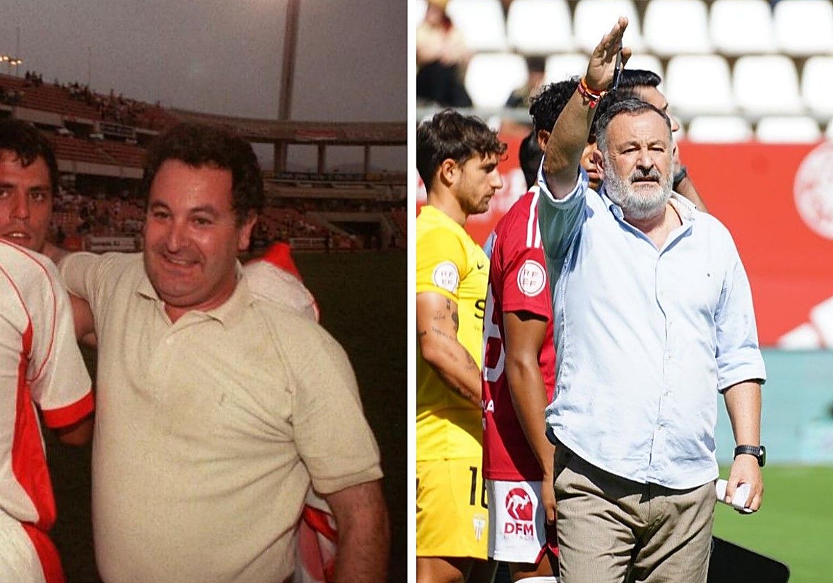 En la izquierda, Morote celebra el ascenso a Segunda en el 2000 en Granada. En la derecha, realiza un cambio en el curso 23/24.