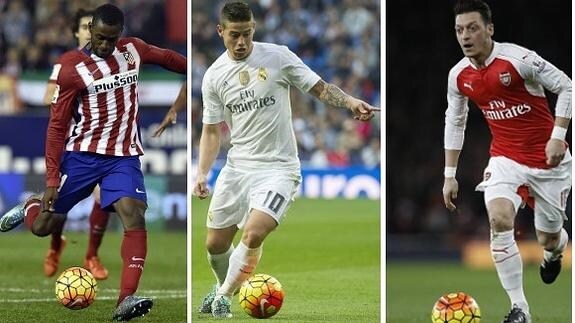 Jackson Martínez, James Rodríguez y Mesut Özil.