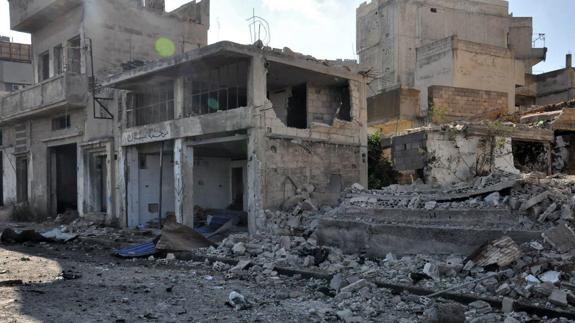 Varios edificios destruidos en el distrito de Bab Tadmour en la ciudad de Homs, Siria.