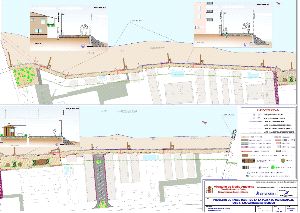 VIRTUAL. Planos del proyecto de paseo marítimo en Marchamalo. Abajo, a la izquierda, imagen de uno de los kioscos con terraza . / LV