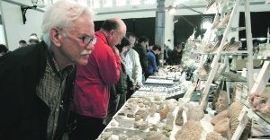 Un visitante observa con detenimiento algunos de los fósiles que se ofrecen en la feria. ::                             J.M. RODRÍGUEZ / AGM