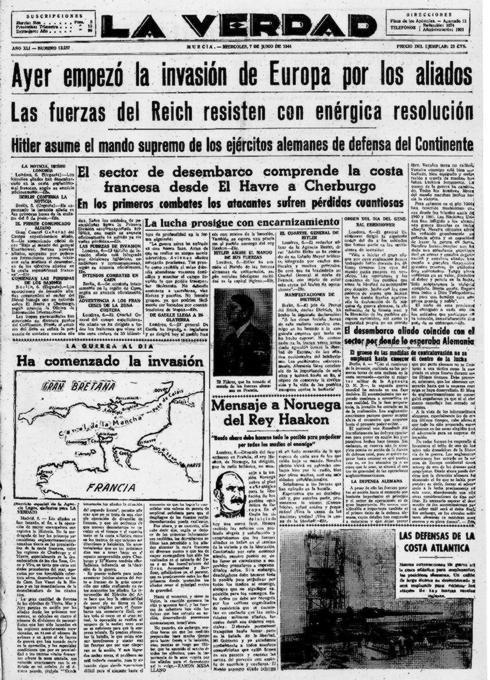 Portada de 'La Verdad' del miércoles 7 de junio de 1944.