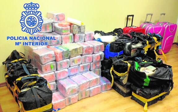 Fardos de cocaína y aspecto de las mochilas en las que se transportaba la droga. 