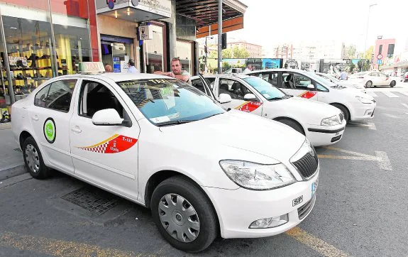 Varios taxis a la espera de clientes, ayer, en la parada de Jerónimo de Roda En la imagen pequeña, pegatina de protesta contra la regulación. :: f. manzanera / v. vicéns
