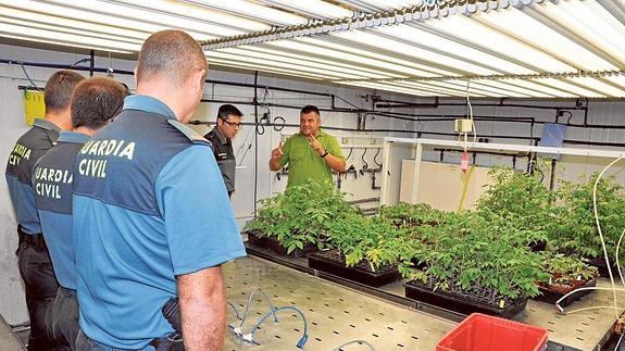 Pedro Martínez, con los agentes del Seprona, en las instalaciones y laboratorios del Cebas-CSIC. 