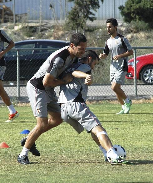 Acciari intenta robarle el balón a Albiol en un entrenamiento en Cobatillas. 