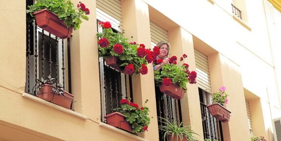 María Vilar se asoma a uno de sus balcones de los que cuelgan jardineras repletas de geranios en flor en la calle Núnez de Arce. lario / agm