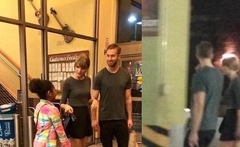 Taylor Swift y Calvin Harris hablando con una fan