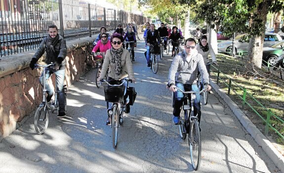 Un grupo de ciclistas de la asociación Biciudad, durante el recorrido urbano. :: sonia m. lario / agm