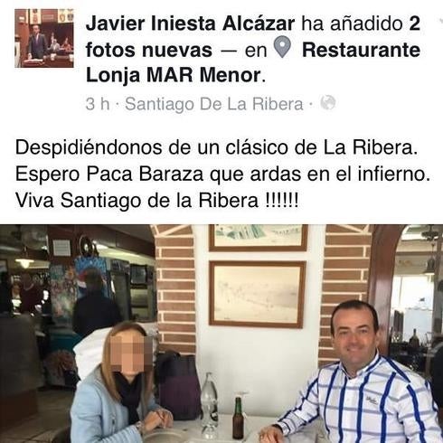 Captura del comentario que Javier Iniesta publicó en Facebook. 