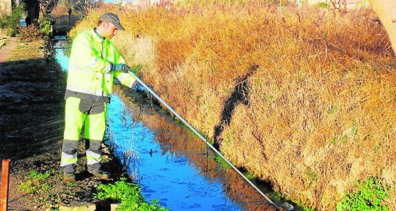 Un trabajador de la empresa Lokímica fumiga un canal ubicado junto a varias viviendas, en Mazarrón. 