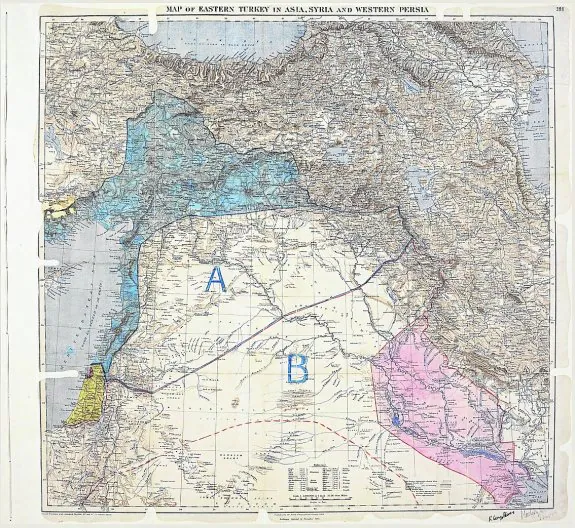 Sykes y Picot sobre el mapa original que dibujó las zonas de influencia de Reino Unido y Francia. :: r. c.