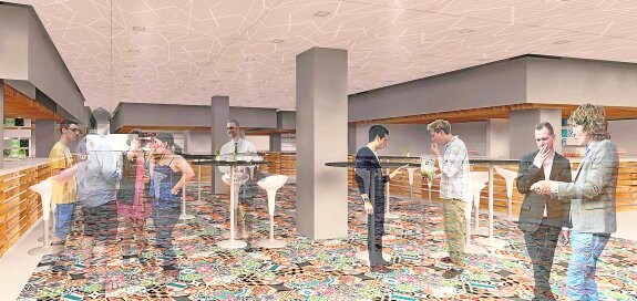 Recreación virtual de uno de los espacios del futuro gastrobar que se ubicará en la tercera planta del mercado de Saavedra Fajardo. 