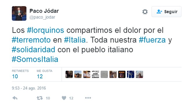 Lorca muestra su solidaridad con Italia por «un dolor compartido»