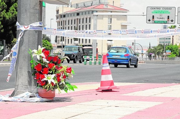 Flores depositadas en el punto de la avenida Primero de Mayo de Murcia donde se produjo el atropello mortal. 