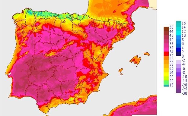 Mapa de temperaturas máximas para este lunes.