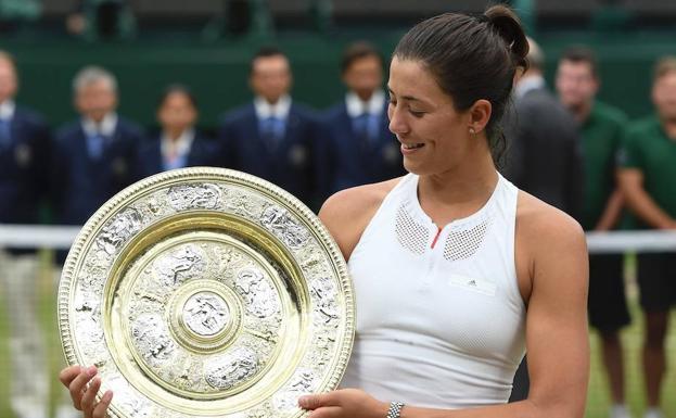 Garbiñe Muguruza, con su trofeo de vencedora de Wimbledon.