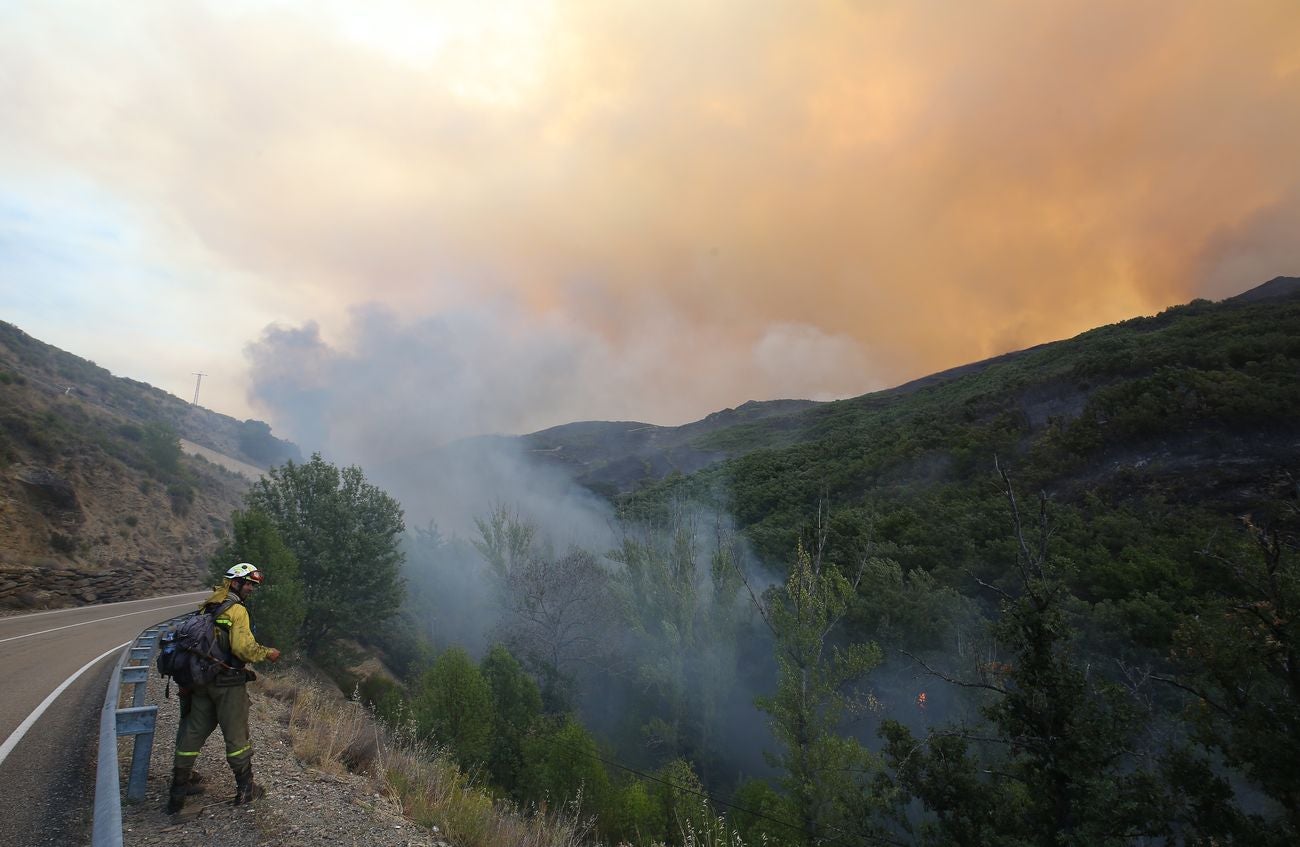 El fuego afecta principalmente a una zona de matorral, pero es una zona escarpada y de acceso complicado que dificulta las labores de extinción | El fuego, de carácter intencionado y que se localizó en Losadilla, localidad perteneciente a Encinedo, está fuera de control