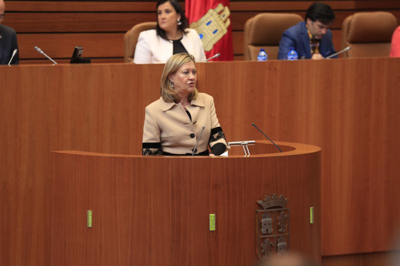 Pilar del Olmo durante el debate de las tres enmiendas de totalidad en las Cortes.