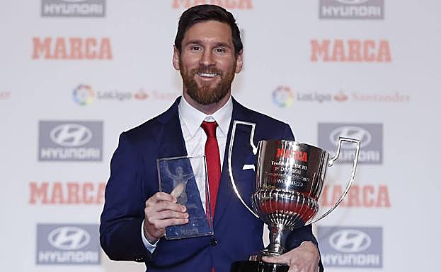 Leo Messi, posando con los trofeos 'Pichichi' y 'Alfredo Di Stéfano'. 